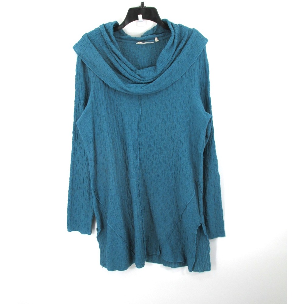 SOFT SURROUNDINGS Pullover Tunic Top Women Large Teal Crinkle Cowl Neck Stretch